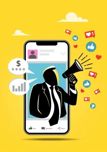 Illustration of a marketer promoting a brand through a mobile phone screen with social media icons, representing the services of a Social Media Marketing Agency in Lucknow.