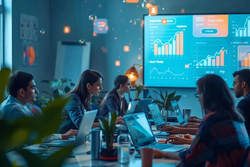 Team of professionals working at Apple & Oranges, the Best Digital Marketing Company in Lucknow, analyzing SEO and digital marketing dashboards in a modern office.