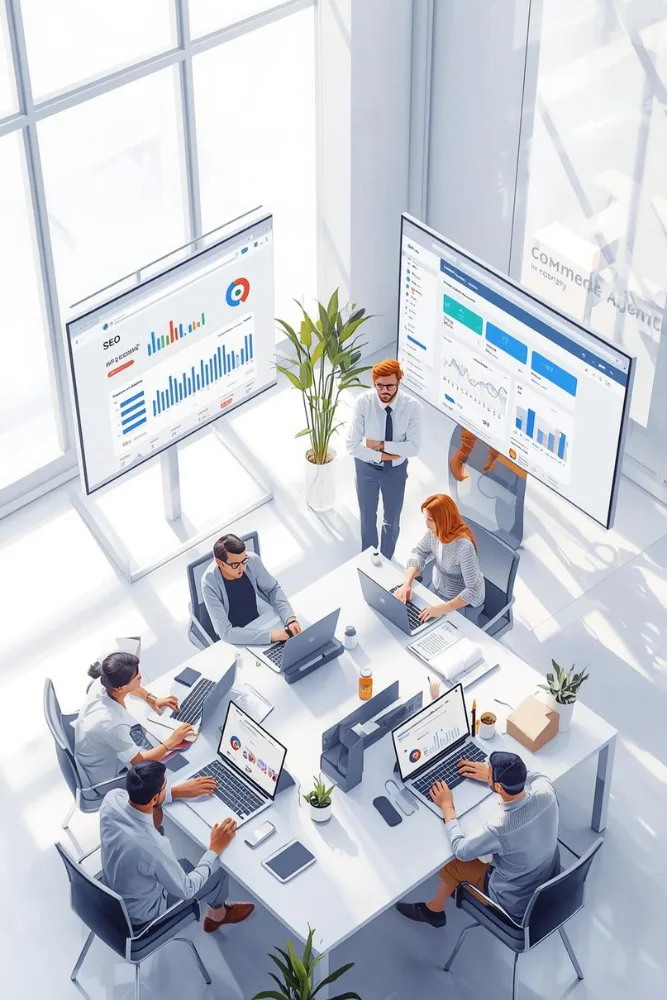 Team working in a modern office at the Best Digital Marketing Company in Lucknow showcasing SEO and PPC services.