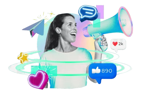Influencer Marketing Agency concept with woman using megaphone and social media engagement icons.