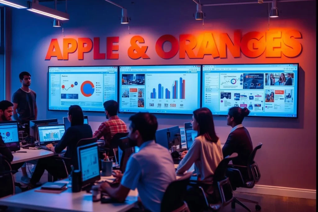 “Modern office setup of the Best SEO Company in Lucknow showcasing SEO reports, social media campaigns, and digital marketing strategies on big screens.”