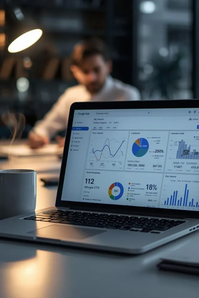 aptop showing Google Ads analytics dashboard with campaign reports, CTR, and conversion tracking at a Google Ads agency in Lucknow.