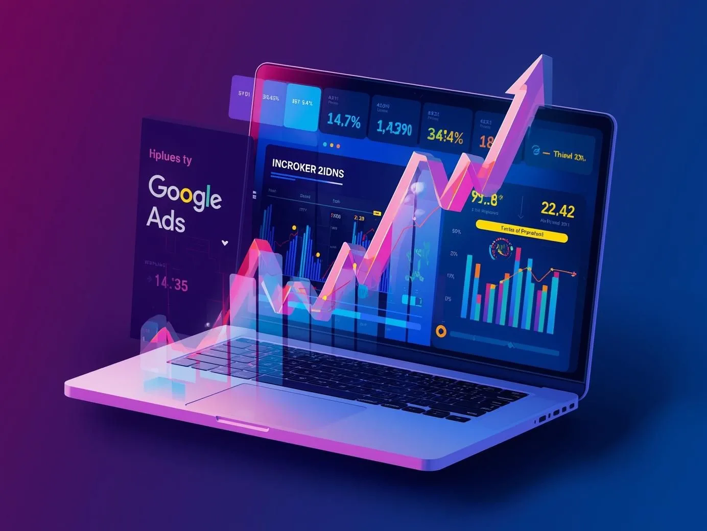 Creative digital illustration of a laptop showing Google Ads performance analytics, charts, and rising growth graph representing campaign success by a Google Ads agency in Lucknow.