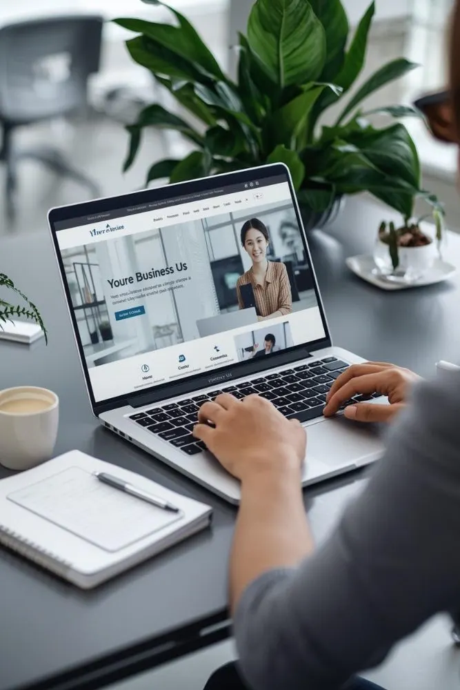 Person working on a laptop displaying a business website design on the screen, representing professional web designing services in Lucknow.