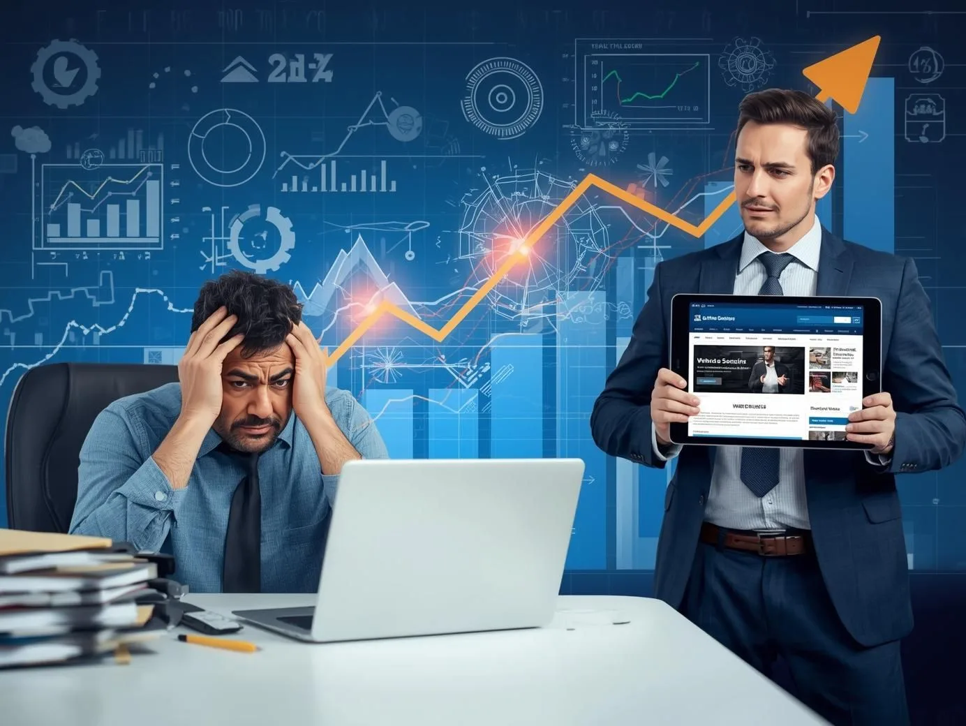 A business owner struggling with an outdated website while a professional from a web designing company in Lucknow presents a modern, responsive business website on a tablet, highlighting the importance of professional web design for business growth.