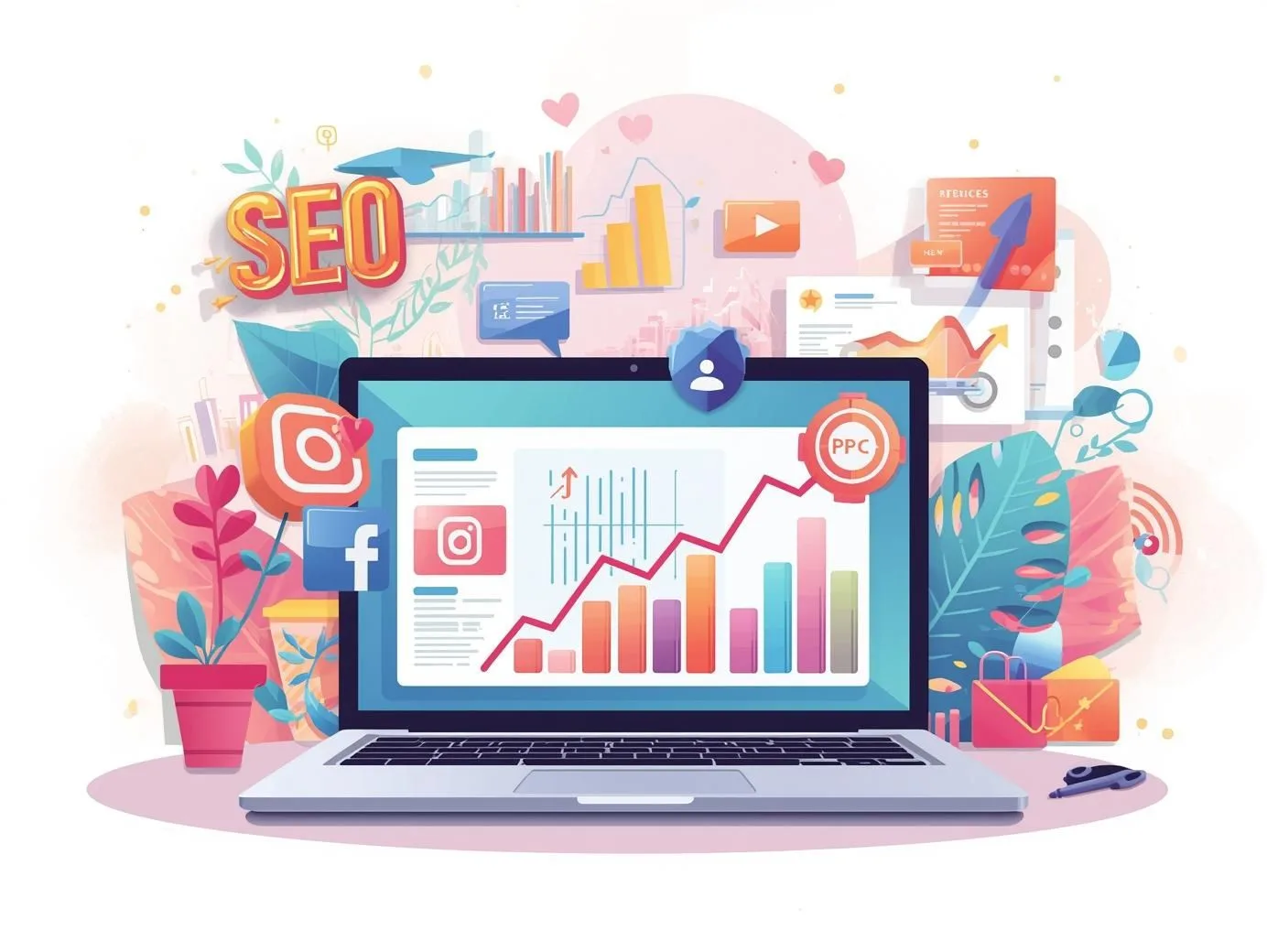 Creative illustration of SEO, PPC, and social media marketing — highlighting the best digital marketing services in Lucknow for online brand growth