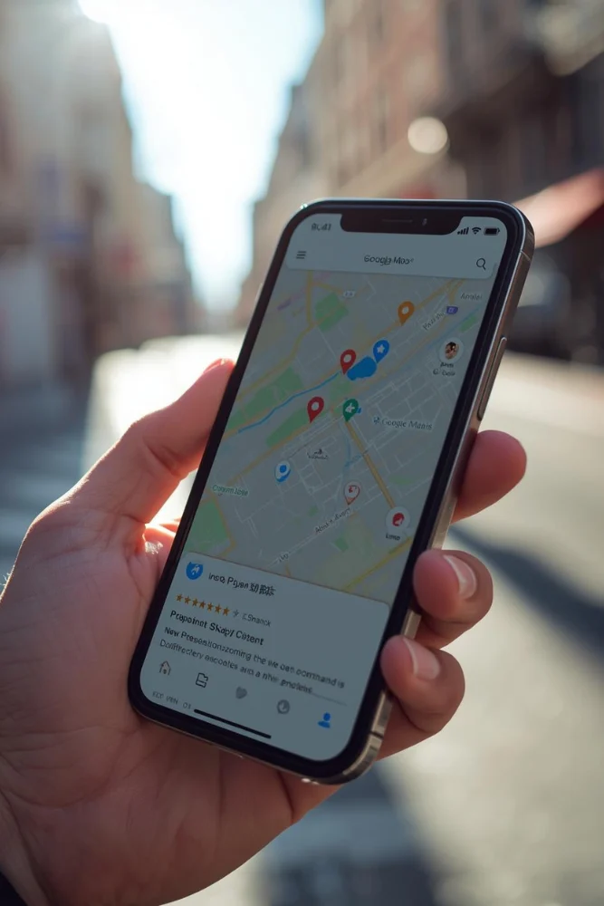 Local SEO services example with a smartphone displaying Google Maps local business search results and nearby location listings.
