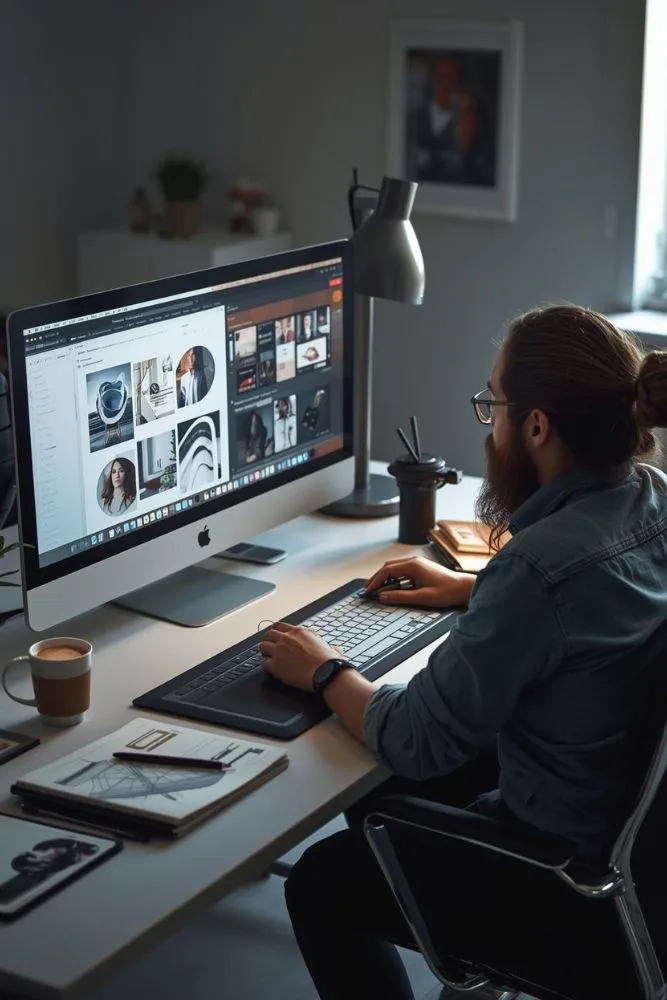 Graphic design services office showing a creative team working on branding, website design, and visual content in a modern workspace.