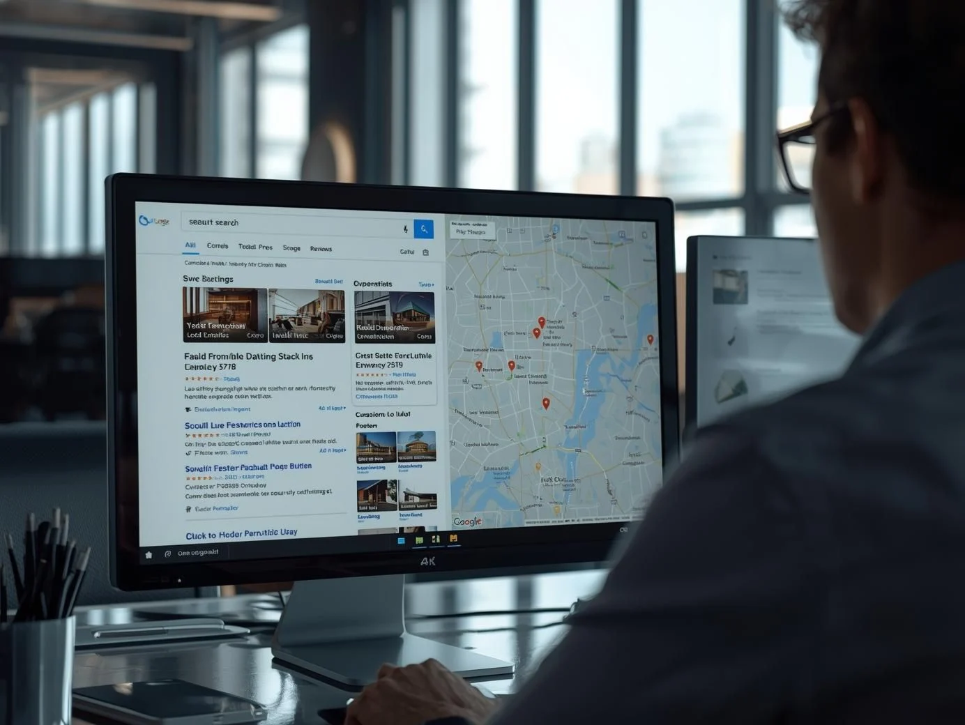 Local SEO services in action with a desktop screen showing Google local search results, map pack listings, and business locations.
