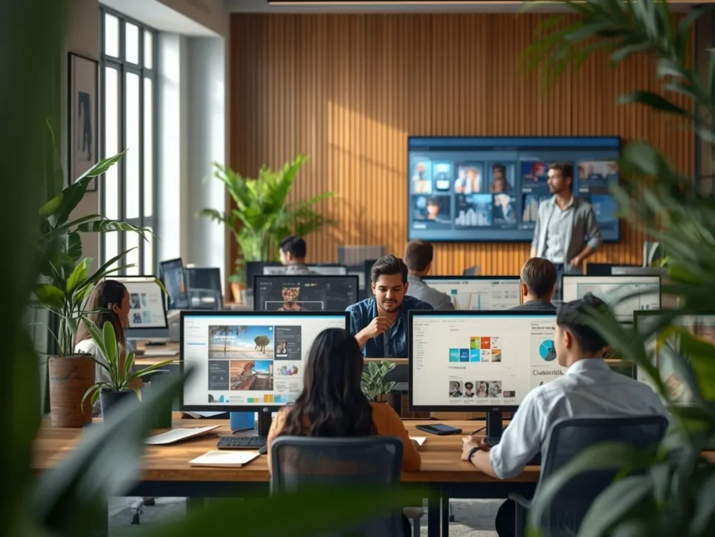 Corporate graphic design services team collaborating in a stylish office with creative work displayed on monitors.