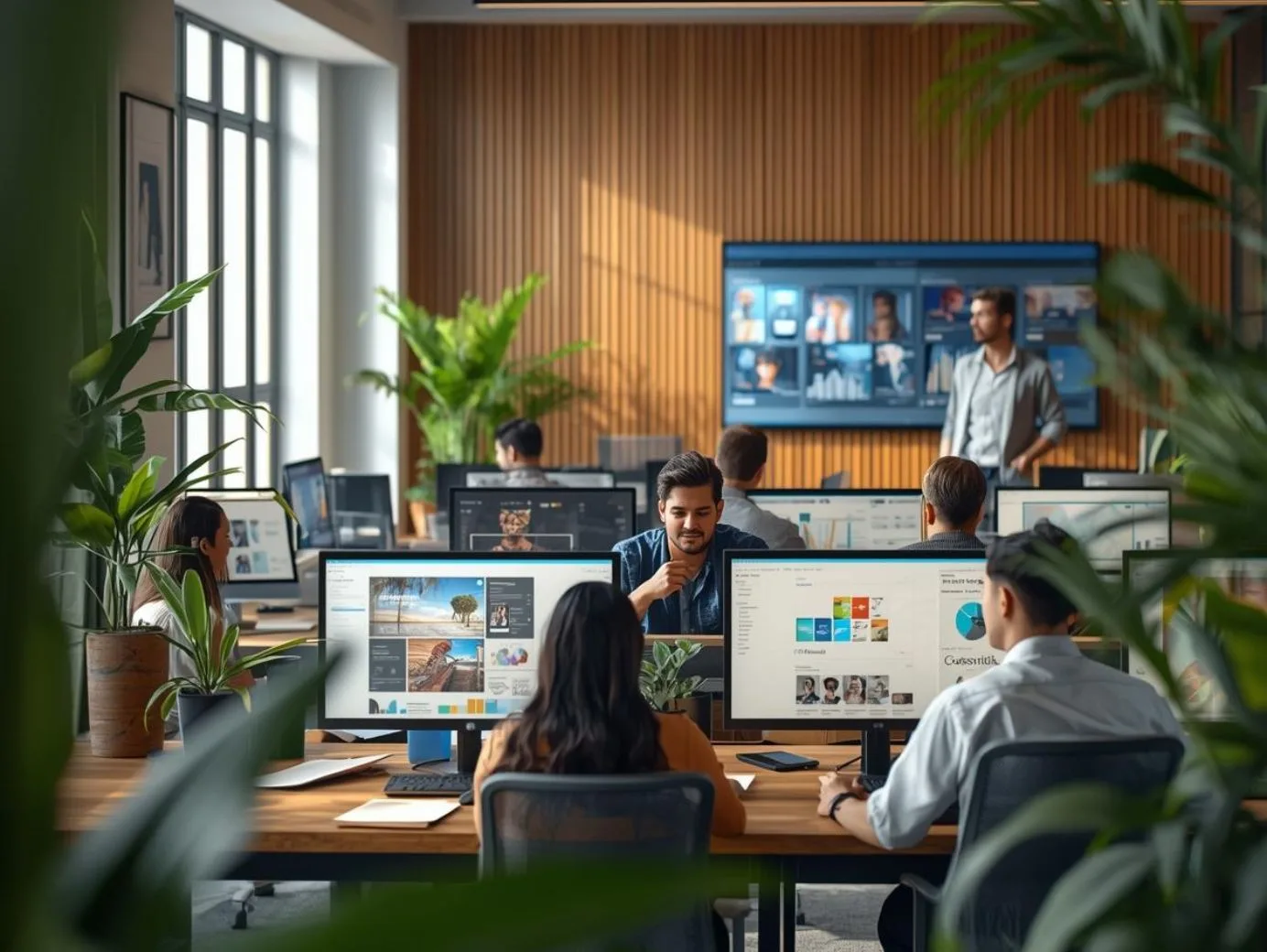 Corporate graphic design services team collaborating in a stylish office with creative work displayed on monitors.